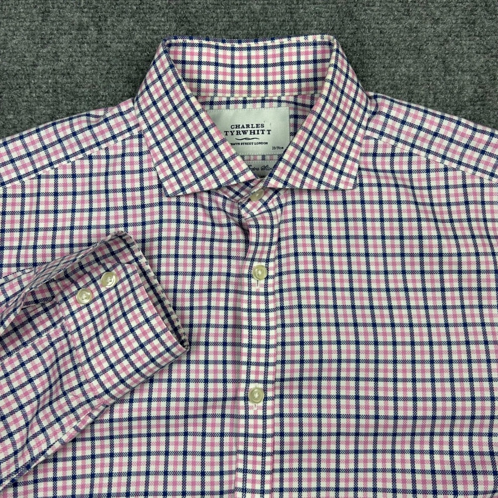 Charles Tyrwhitt Dress Shirt Mens 15.5/36" Pink Navy Check Non-Iron Extra‎ Slim